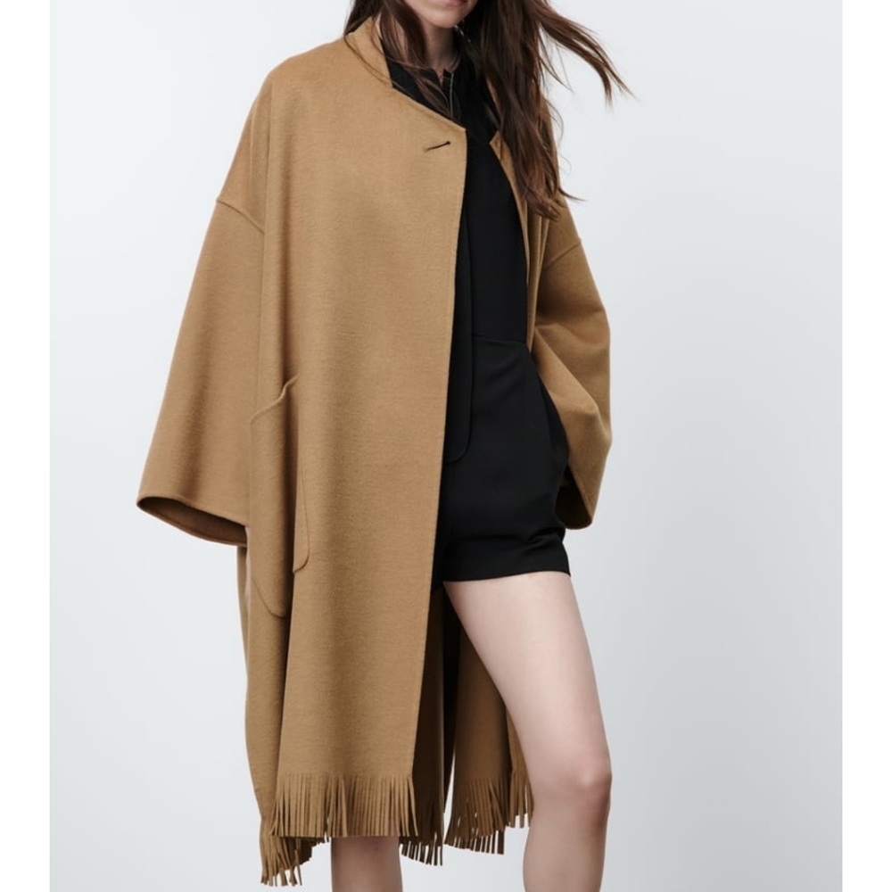 Zara wool blend fringed cape coat. Size M